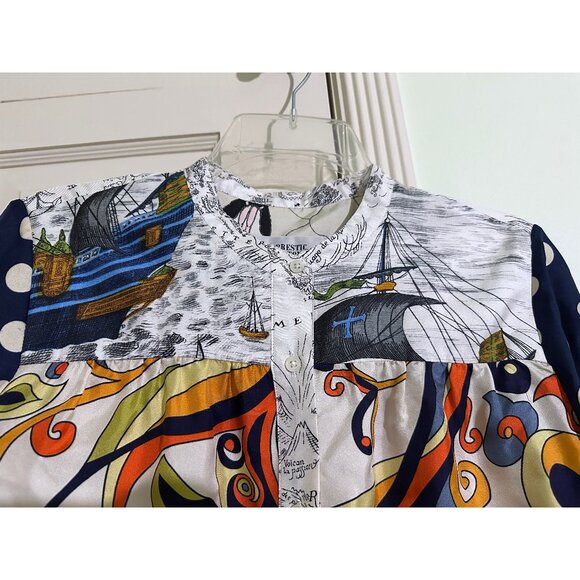 La Prestic Ouiston Jeanne Ship Map Swirl Print Silk Top Blouse Patchwork 1 Small - Picture 5 of 15